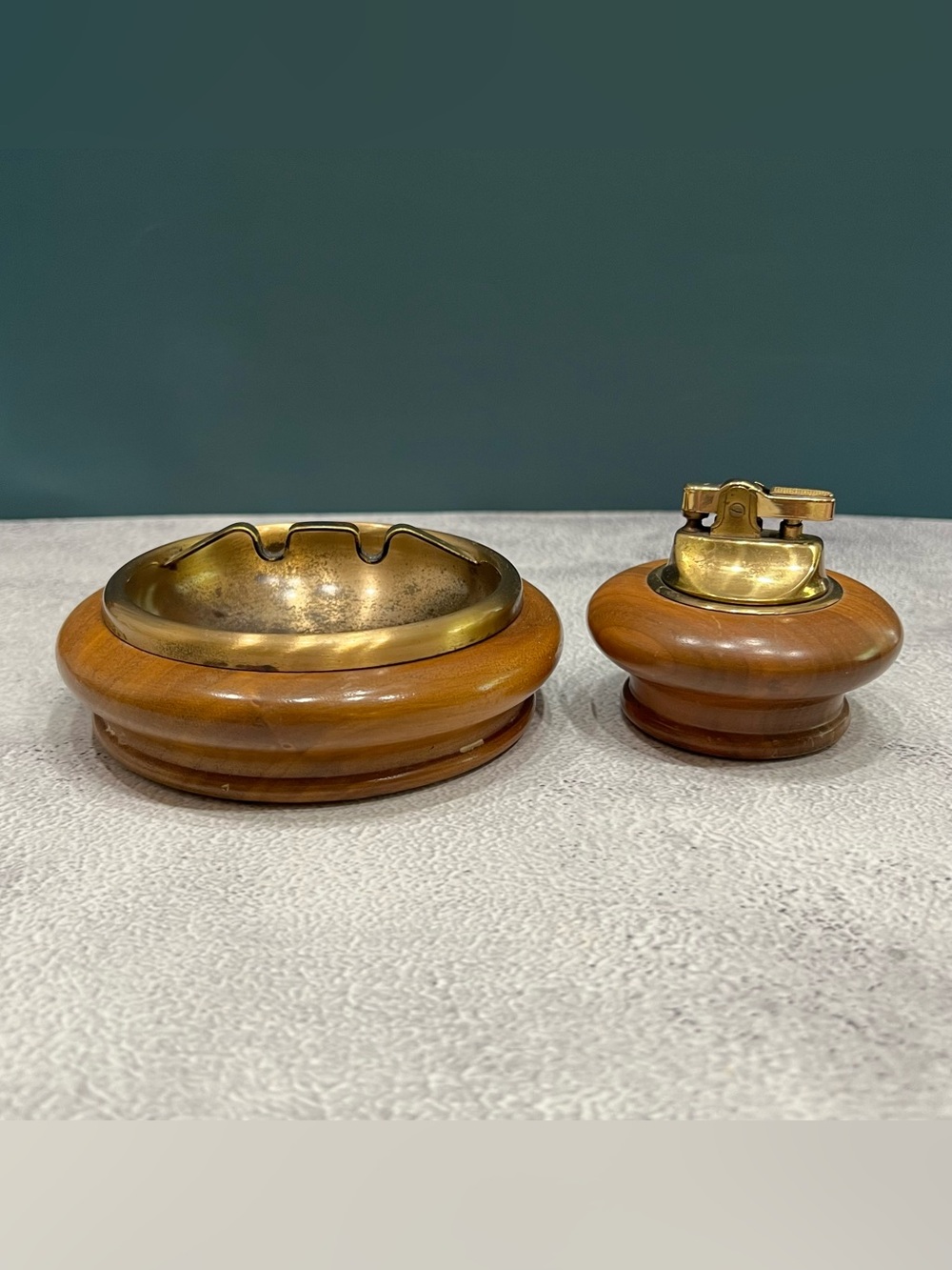 Vintage MCM Walnut Wood & Brass Tabletop Lighter and Ashtray Smoking Set Duck-It
